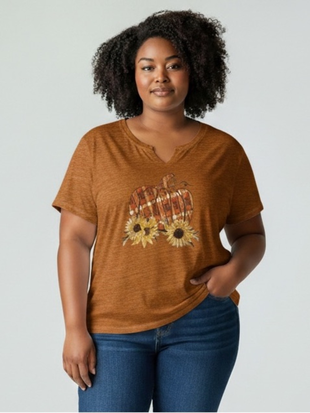 Maurices Rust V-Neck Short Sleeve Tee with Plaid Pumpkin & Sunflowers